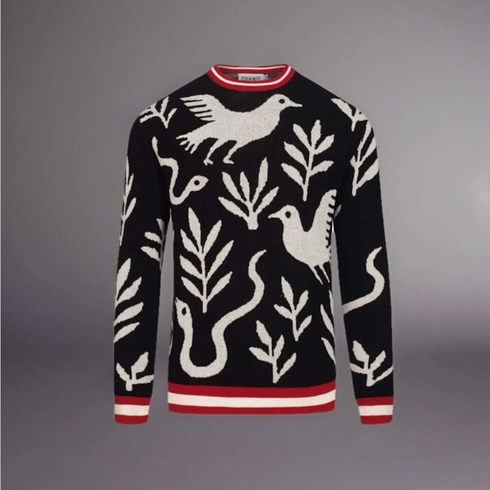 MEN'S BLACK ANIMAL AND PLANT JACQUARD KNIT Sweater 2XL